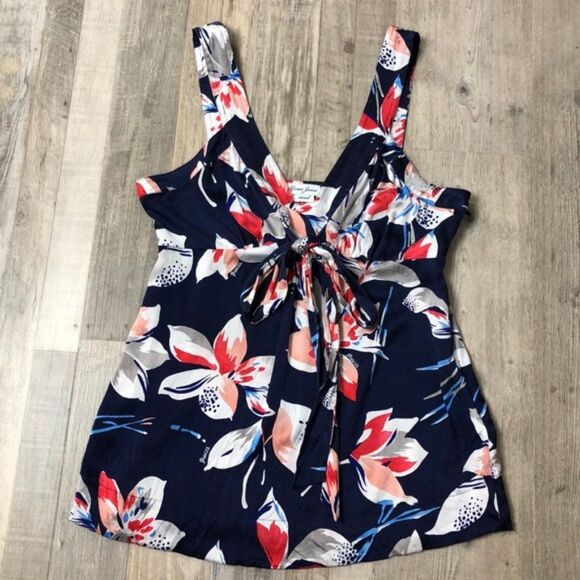 Guess Jeans Silk Navy Tropical Orchid Floral 4th of July Top - Picture 2 of 8